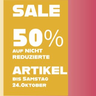Outlet Sale
3-Tage bis Samstag 24. Oktober 18 Uhr
bei CEPAKA 
in der Waldstr. 42 
Dankeschön Sale im Outlet
ALLES 50% 
+ Schmuck 50% 
von Coeur de Lion und Thomas Sabo
vom Originalpreis auf verfügbare Ware