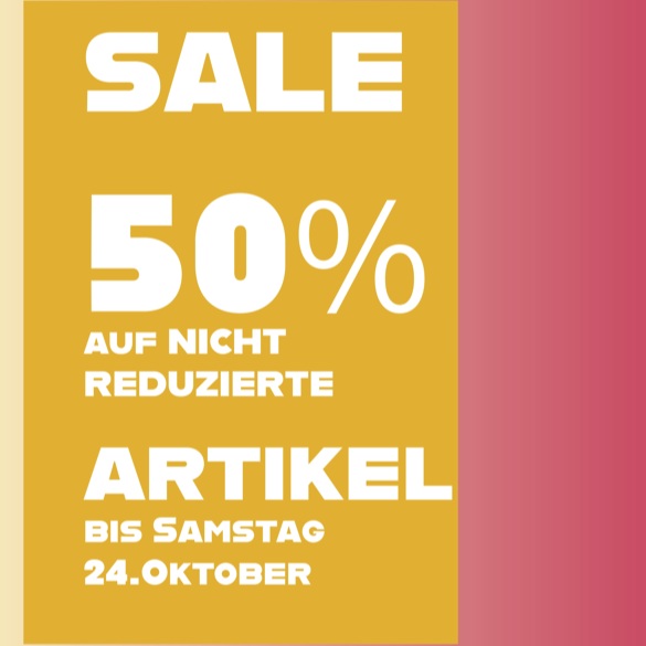 Outlet Sale
3-Tage bis Samstag 24. Oktober 18 Uhr
bei CEPAKA 
in der Waldstr. 42 
Dankeschön Sale im Outlet
ALLES 50% 
+ Schmuck 50% 
von Coeur de Lion und Thomas Sabo
vom Originalpreis auf verfügbare Ware